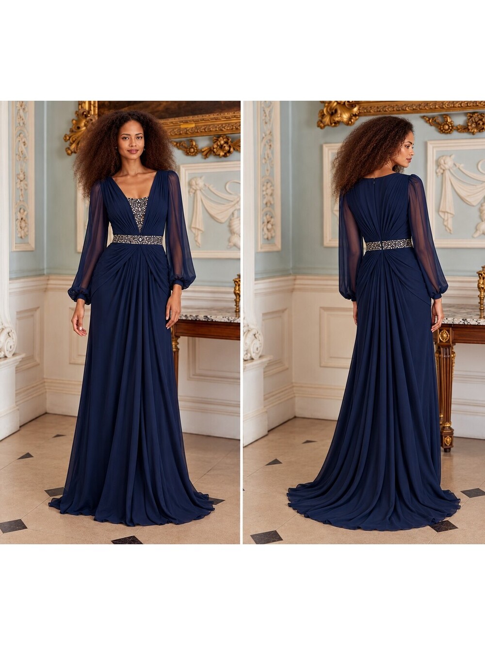 Badgley Mischka Size 4 Navy Blue Crystal Beaded Long Sleeve Formal Modest Gown